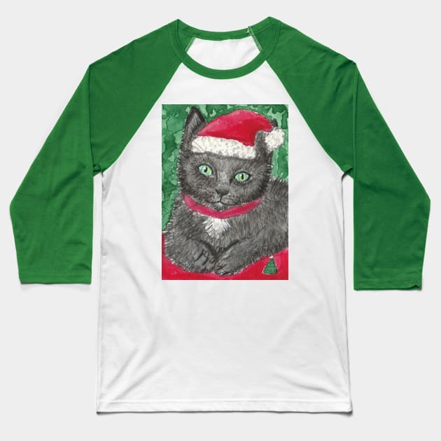 Cute kitten in Santa hat Christmas art Baseball T-Shirt by SamsArtworks